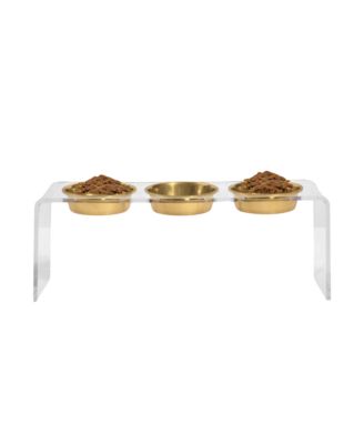 Tall Clear Triple Dog Bowl Feeder with 2 Quart Gold Bowls