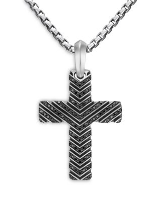 Men's Chevron Cross Pendant in Sterling Silver with Black Diamonds, 36mm