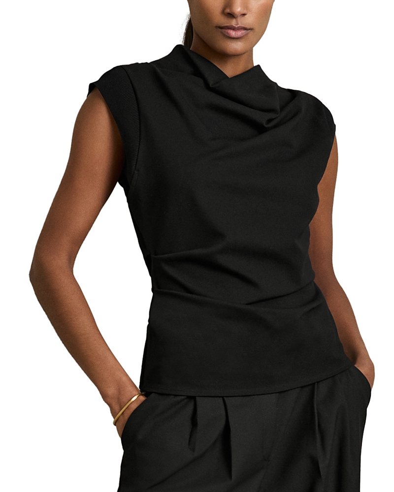 Reiss Eva Asymmetric-drape Stretch-woven Top In Black