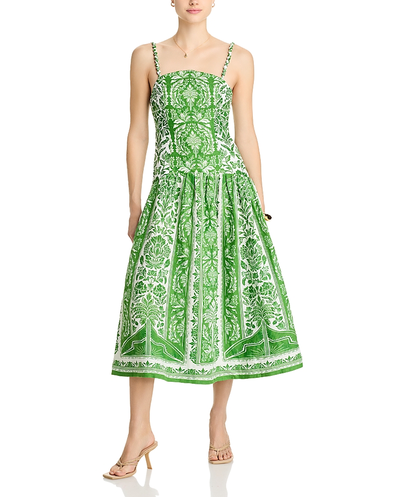 Farm Rio Green Delicate Tapestry Euroflax Premium Linen Midi Dress In Delicate Tapestry Green