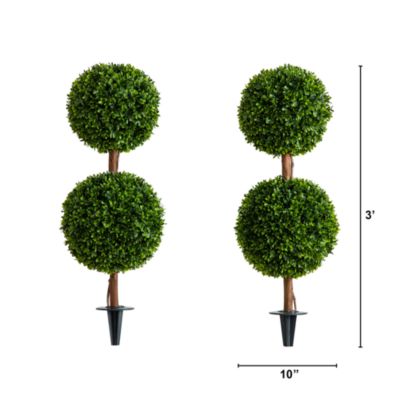 3&#39; UV Resistant Artificial Double Ball Boxwood Topiary with Integrated Ground Stake (Indoor/Outdoor), Set of 2
