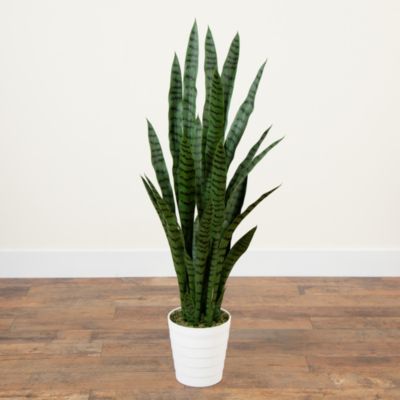 4' UV Resistant Artificial Sansevieria Plant in White Decorative Planter (Indoor/Outdoor)