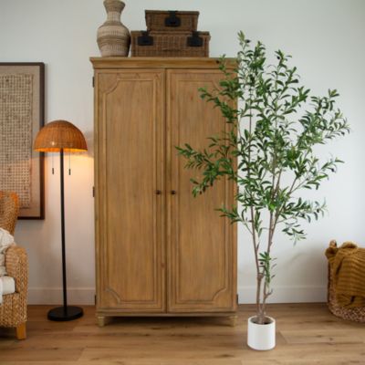 7&#39; Artificial Minimalist Olive Tree in White Decorative Planter