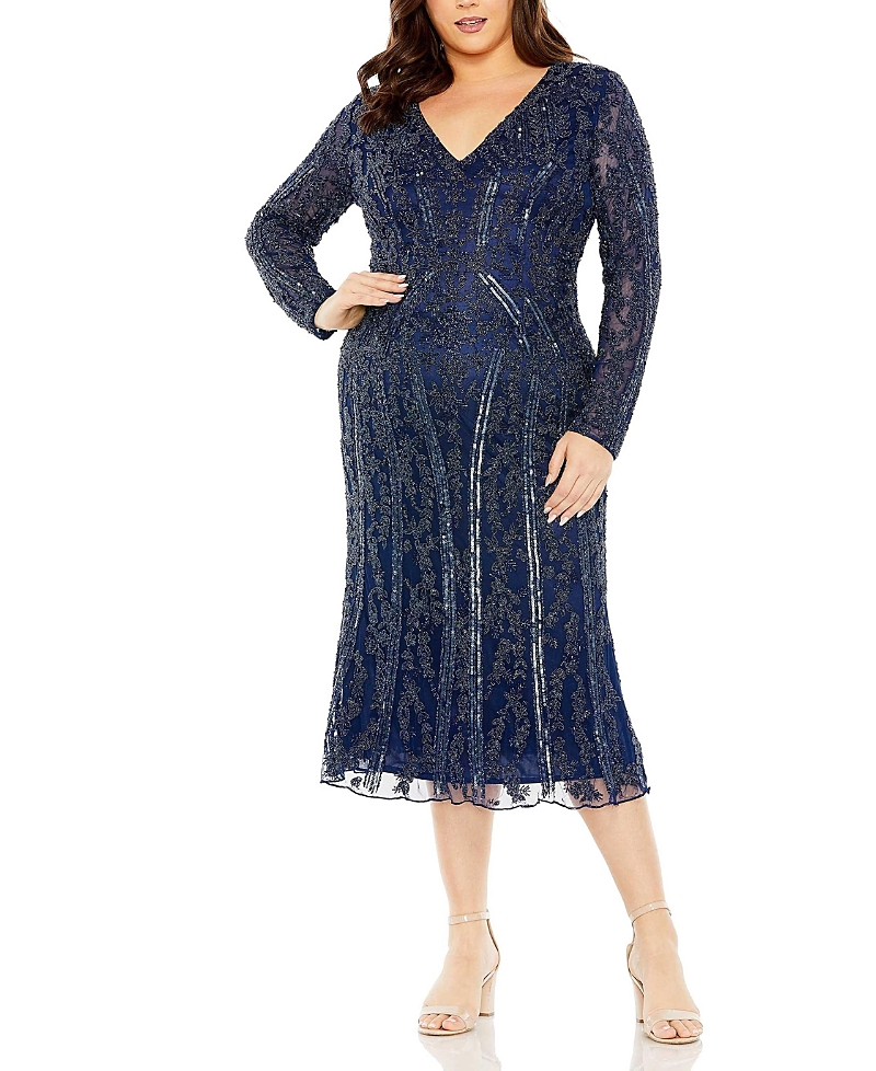 Mac Duggal Long Sleeve Embellished Gown In Midnight