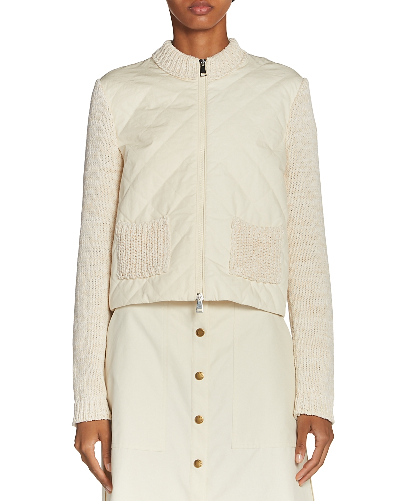 Moncler Quilted Knit Zip Cardigan In Natural
