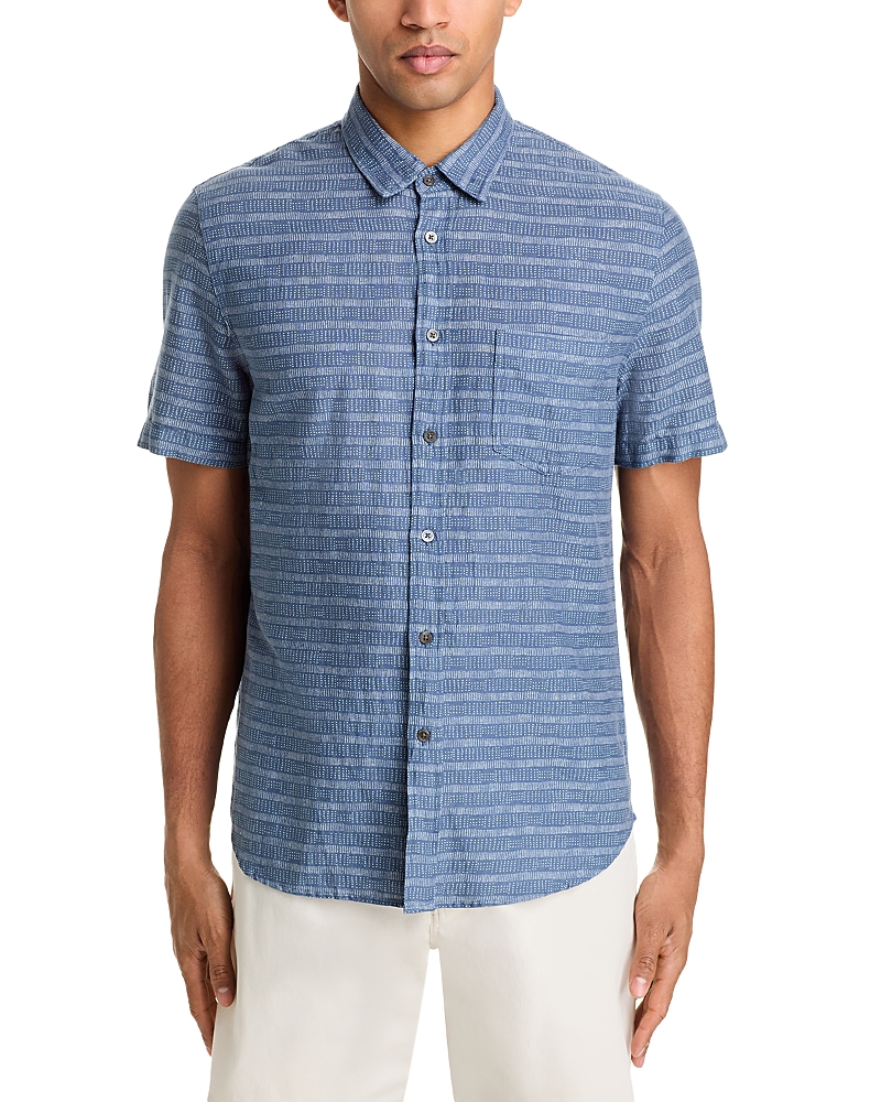 Rails Carson Stripe Short Sleeve Stretch Linen Blend Button-up Shirt In Homespun Border Blue