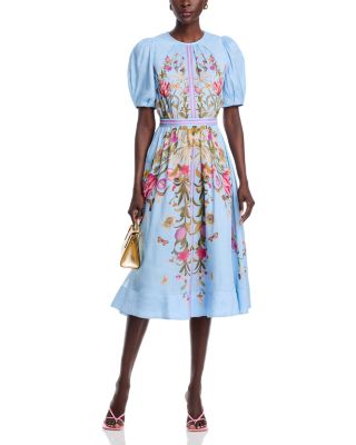 Silk Linen Floral Puff Sleeve Dress