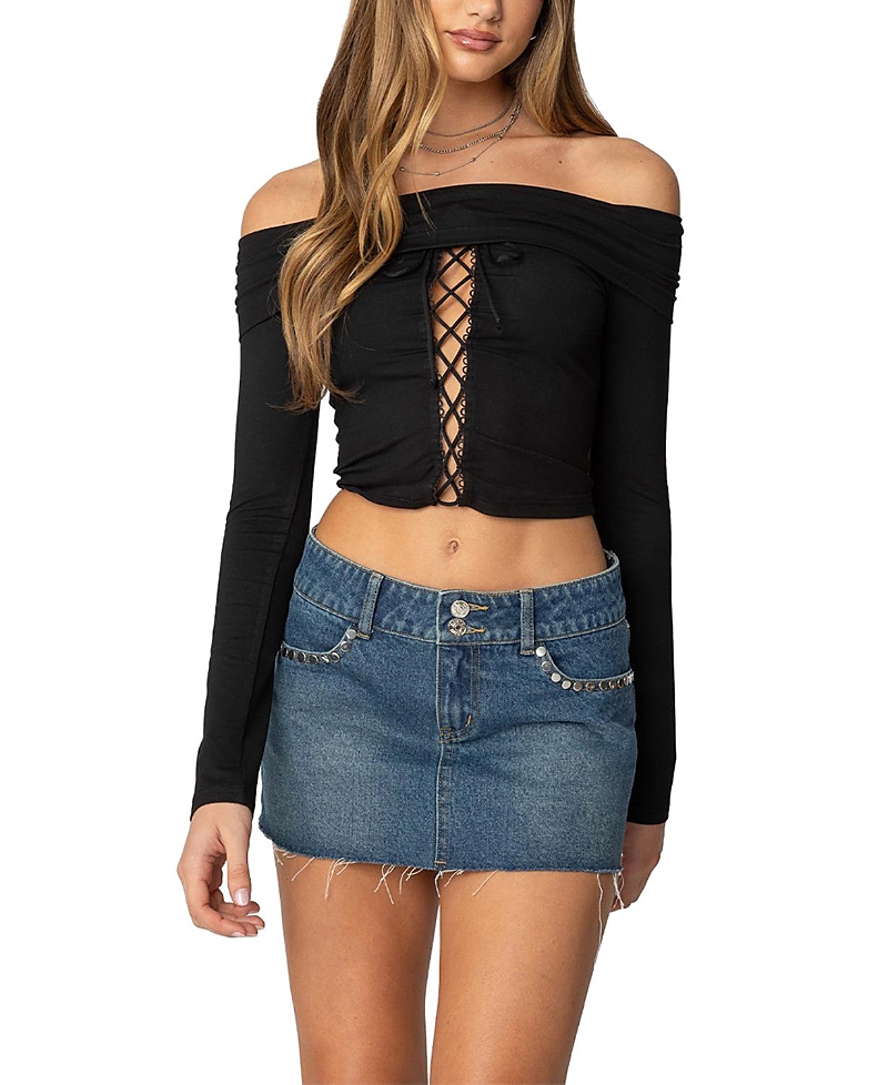 Edikted Off The Shoulder Lace Up Crop Top In Black