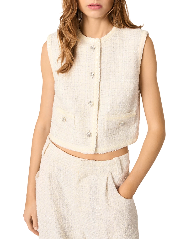 Maje Vadere Sleeveless Sequined Tweed Blazer In Ecru