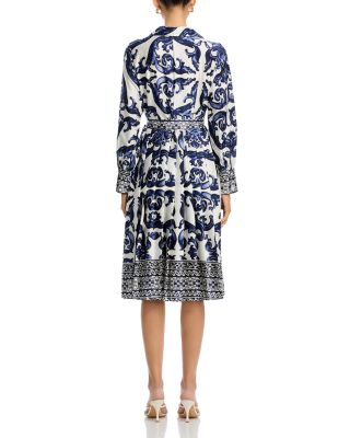 Floral Long Sleeve Lapel Collar Tie Belt Dress