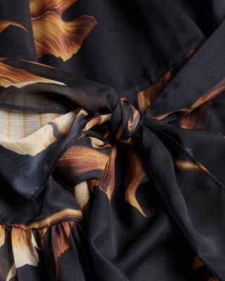 Printed Tie Waist Frill Sleeve Mini Dress