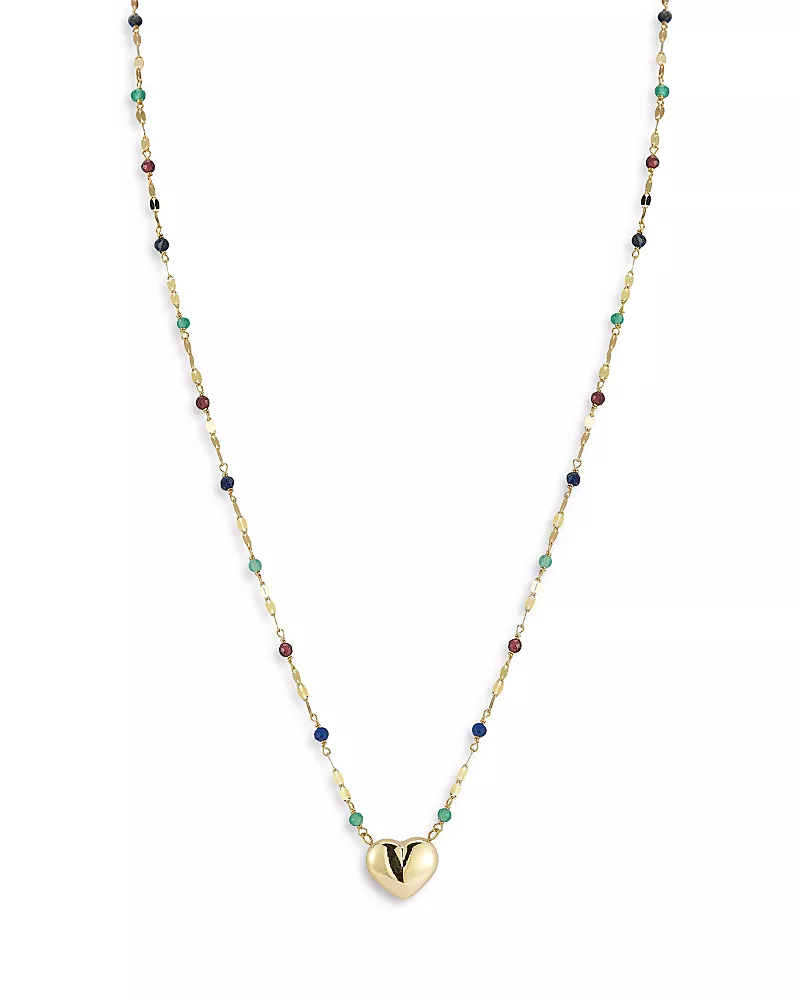 Moon & Meadow 14K Yellow Gold Puffed Heart Beaded Necklace, 16