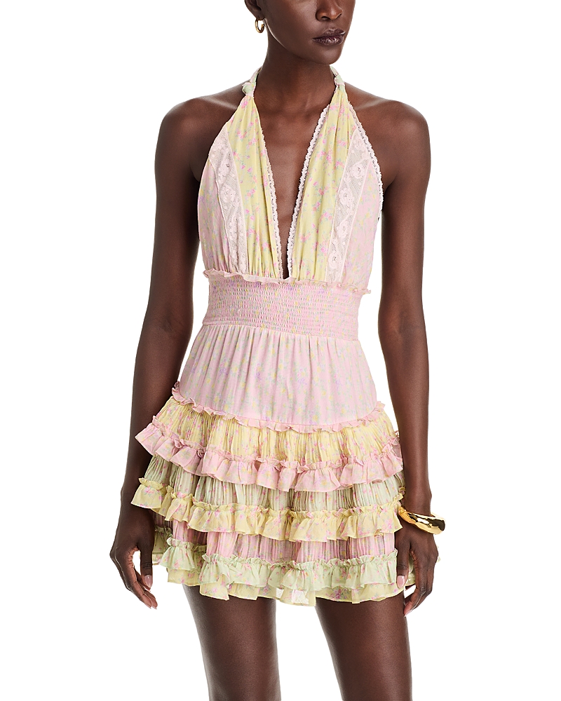 Loveshackfancy Quintelle Ruffle Halter Minidress In Taffy Twist