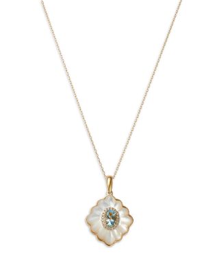 Aquamarine, Mother of Pearl & Diamond Pendant Necklace in 14K Yellow Gold
