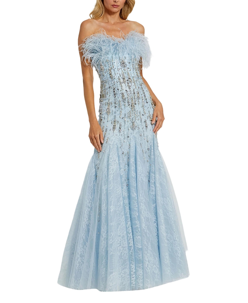 Mac Duggal Strapless Feather Embellished Mermaid Gown In Powder Blue