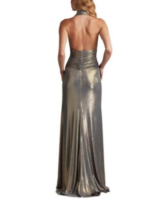 Mona Pleated Metallic Halter Gown