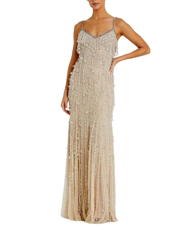 Mac Duggal V-neck Net Gown With Thin Straps And Elegant Embellishments In Nude Silver