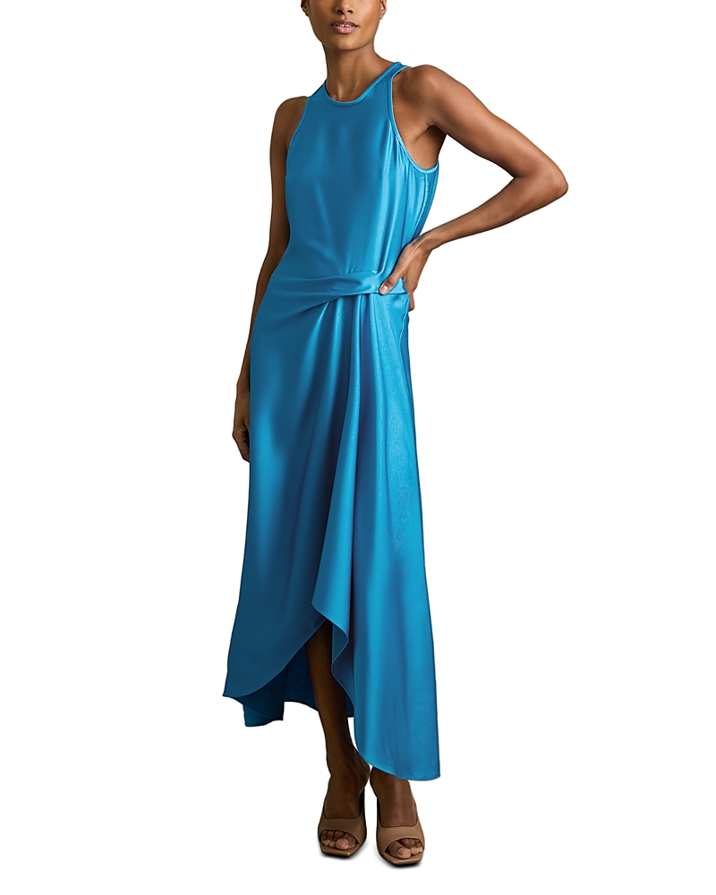 Reiss Womens Blue Micah Drape-tuck Satin Midi Dress In Blue
