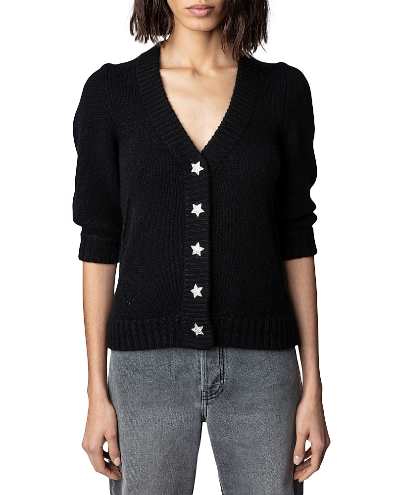 Zadig & Voltaire Betsy Star Button Three-quarter Sleeve Cashmere Cardigan In Noir