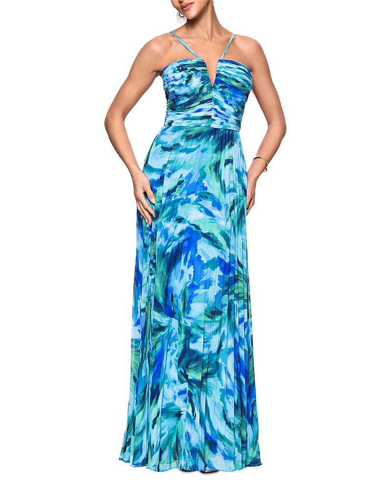 Aqua Pleated Chiffon Printed Dress -exclusive In Turqoise/navy