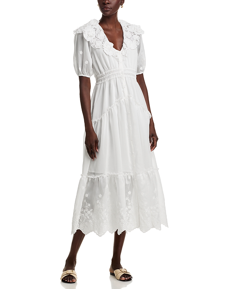 AQUA EMBROIDERED RUFFLE SHORT SLEEVE MAXI DRESS - EXCLUSIVE