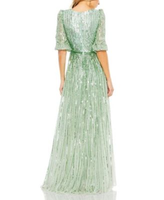 Sequined Wrap Over 3/4 Sleeve Gown