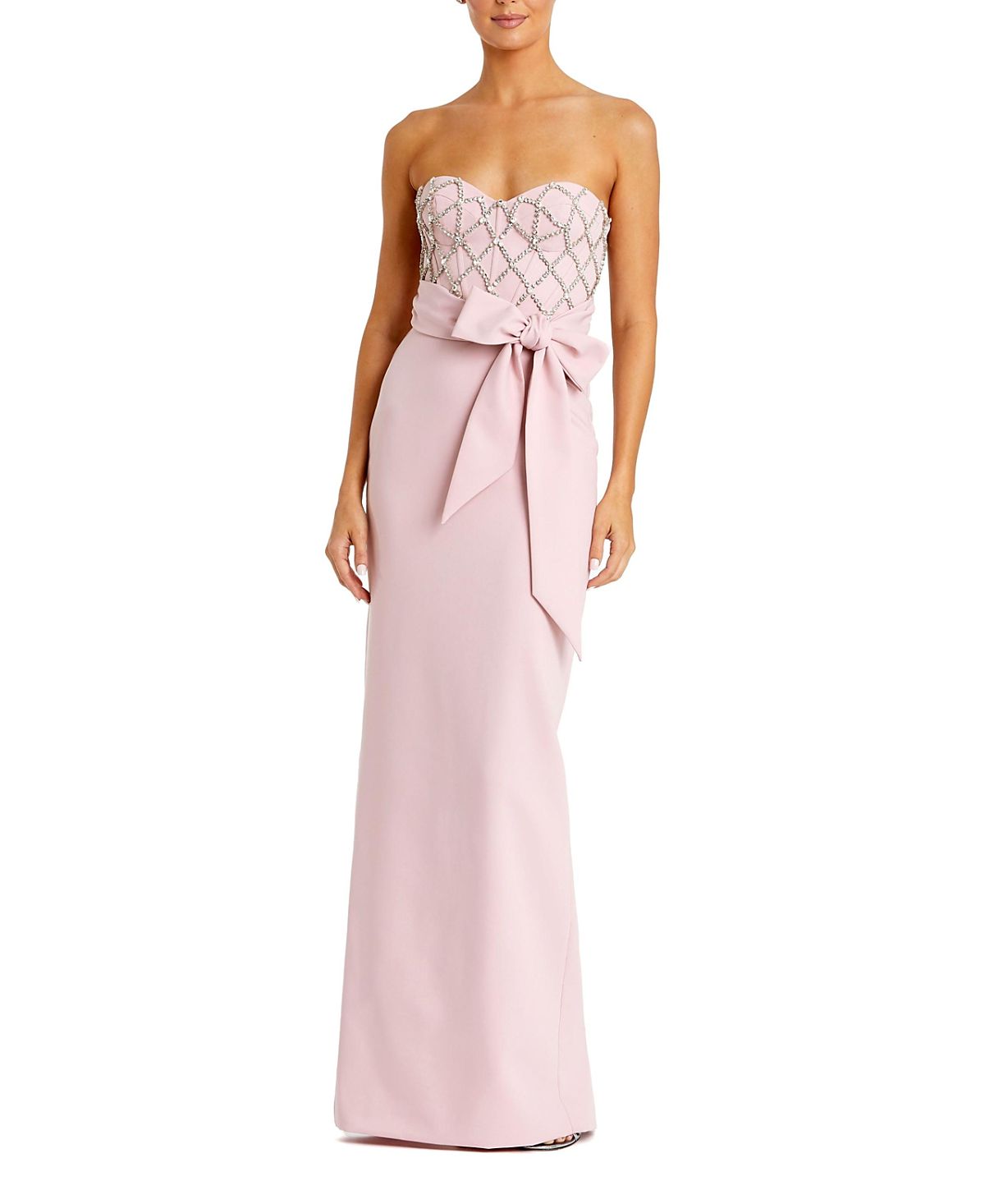 Mac Duggal Strapless Crepe Embellished Bustier Gown with Bow