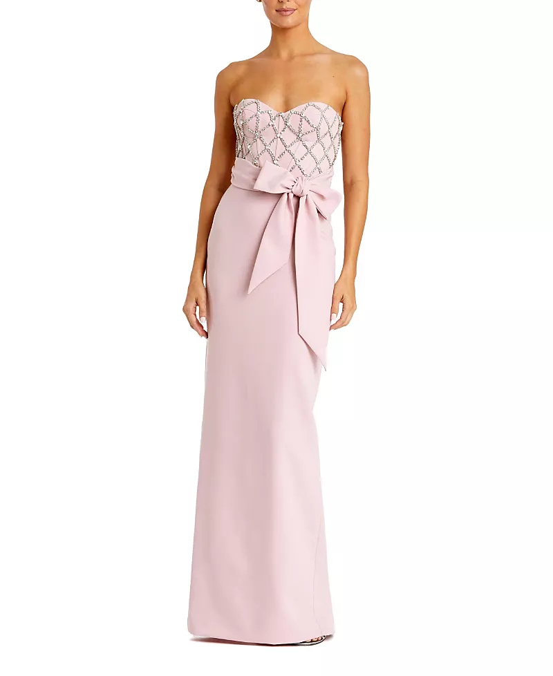 Mac Duggal Strapless Crepe Embellished Bustier Gown with Bow