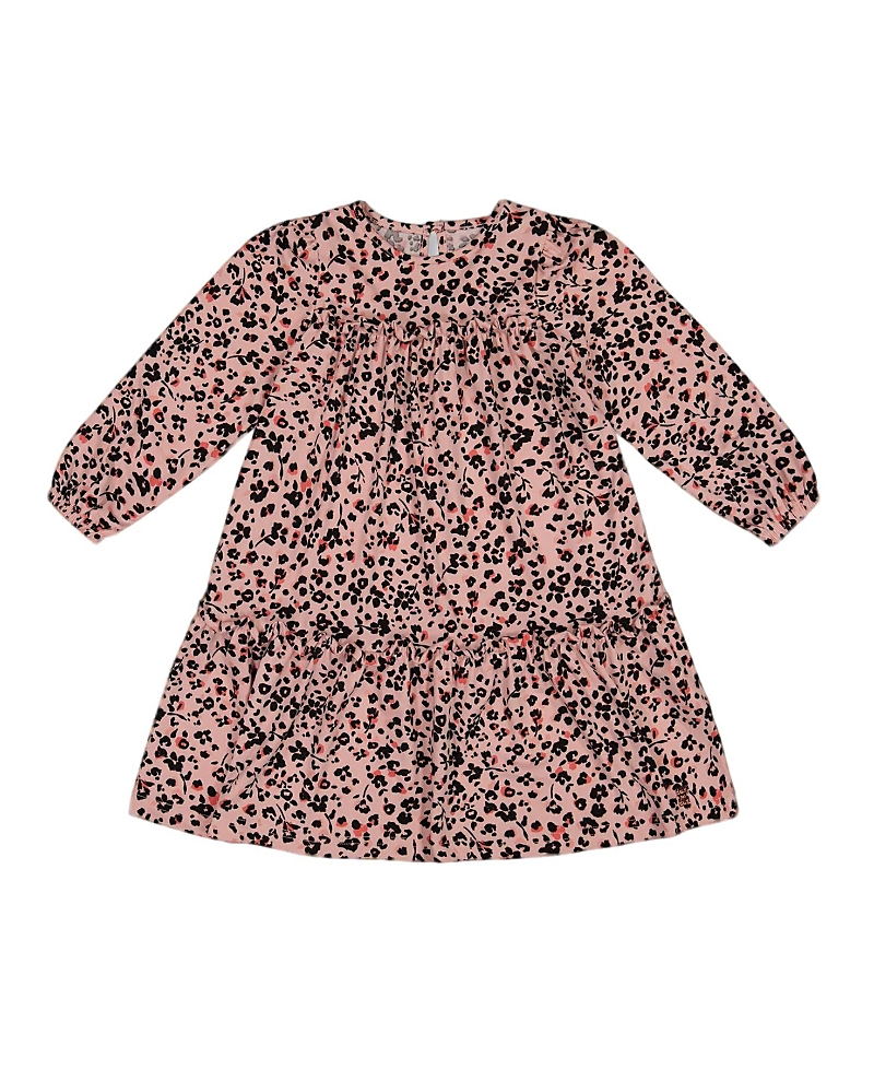 Deux Par Deux Girl's Long Sleeve Dress With Frills Pink Printed Leopard Flowers In Animal Flowers Print