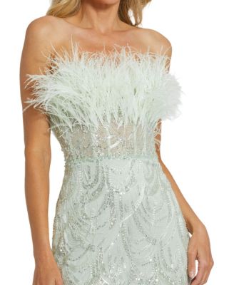 Strapless Feather Bustier Gown with Embroidery