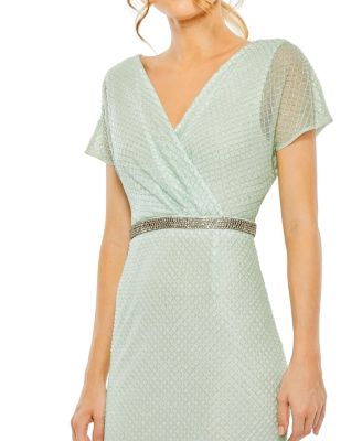Short Sleeve Beaded V-Neck Gown