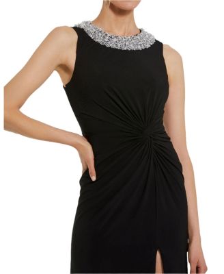 Jersey Sleeveless Beaded Neck Gown with Twist