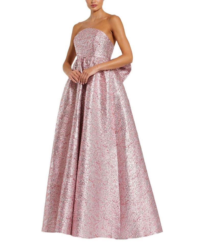MAC DUGGAL METALLIC STRAPLESS BROCADE GOWN WITH OVERSIZED BOW