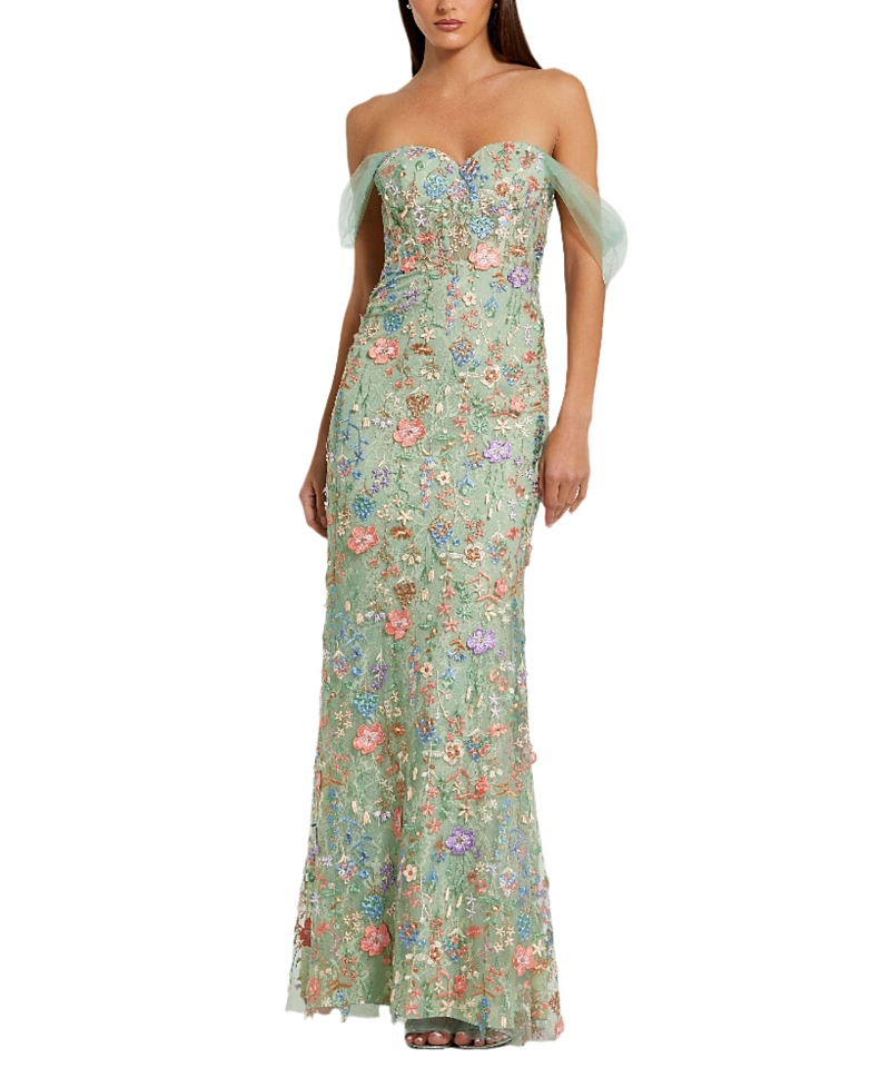 MAC DUGGAL OFF THE SHOULDER BUSTIER EMBORIDERED NET GOWN