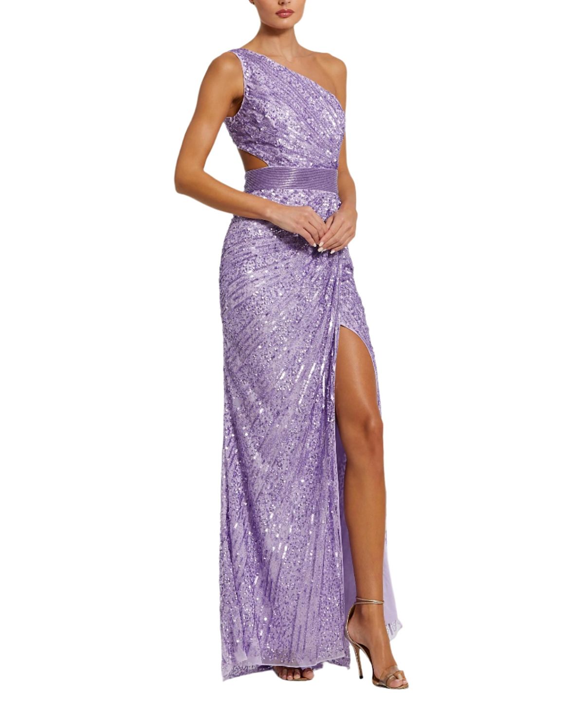 Mac Duggal Sequined One Shoulder Draped Lace Up Gown