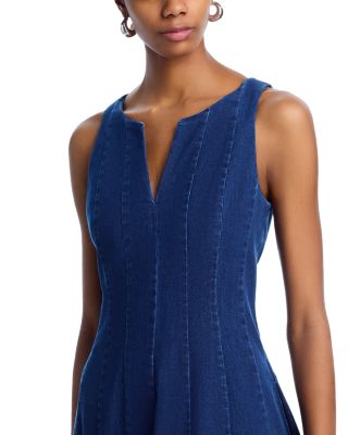 Denim Panel V Neck Sleeveless Midi Dress - Exclusive