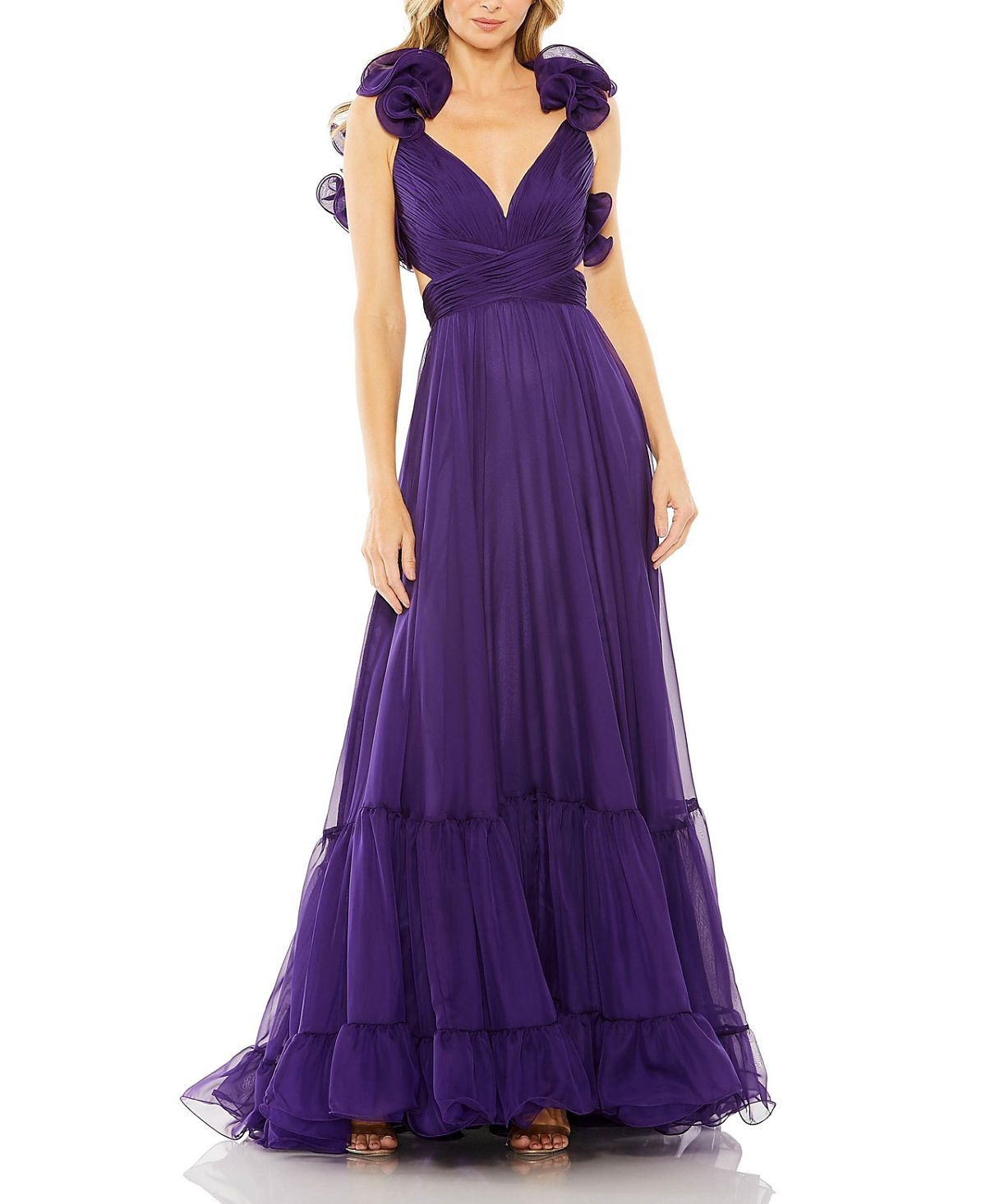 Mac Duggal Ruffle Tiered Cut-Out Chiffon Gown