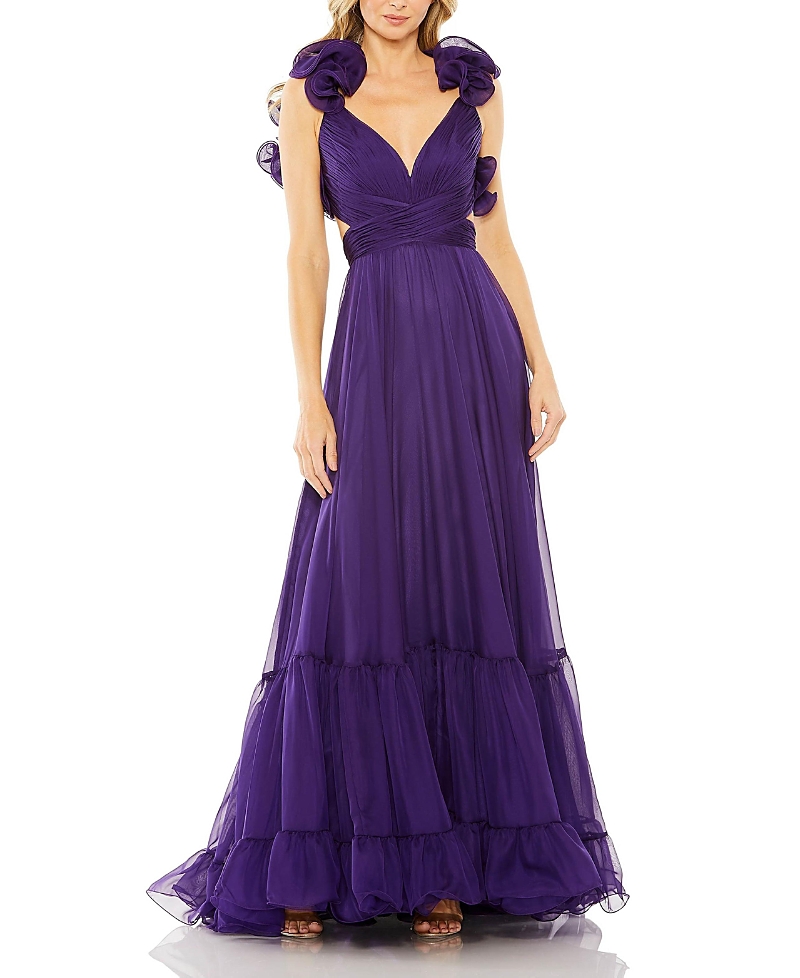 Mac Duggal Ruffle Tiered Cut-out Chiffon Gown In Royal Purple