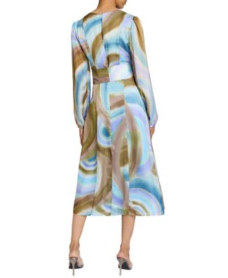 DORIA Long Sleeve Midi Dress with Waist Tie in Abstract Swirl Print