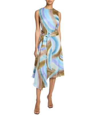 CECILIA Sleeveless Abstract Swirl Print Midi Dress with Asymmetrical Hemline