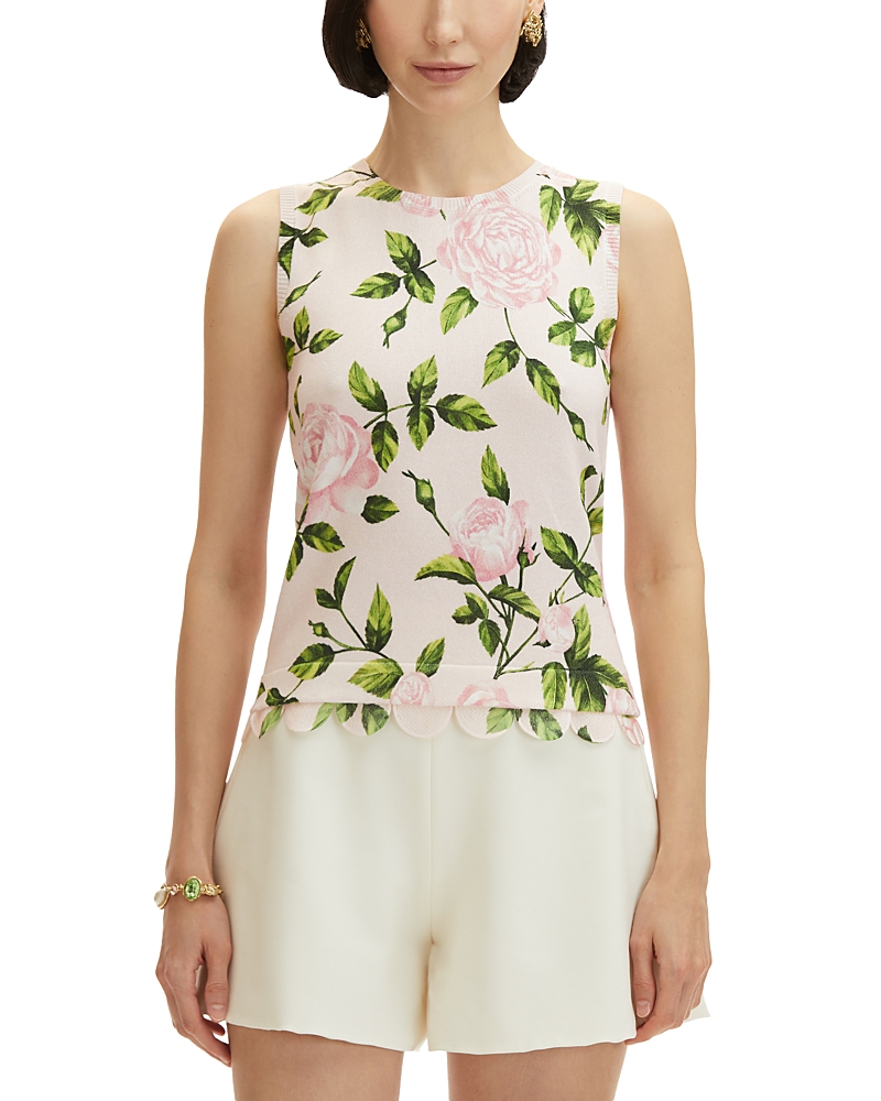 Oscar De La Renta English Roses-print Knit Tank With Scalloped Trim In Pink/blush