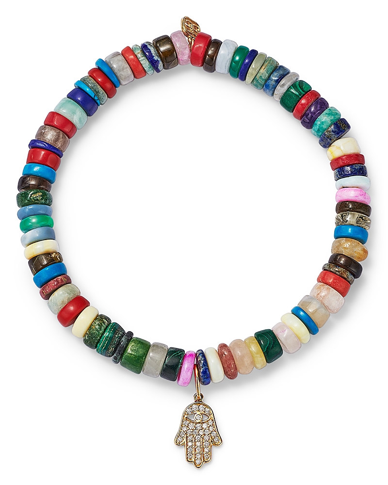 Sydney Evan 14k Yellow Gold Mini Diamond Pave Hamsa Charm Multicolor Beaded Bracelet In Gold