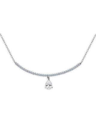 AQUA - Pear Shape Cubic Zirconia & Pav&eacute; Curved Bar Pendant Necklace in Sterling Silver, 16"-18" - Exclusive