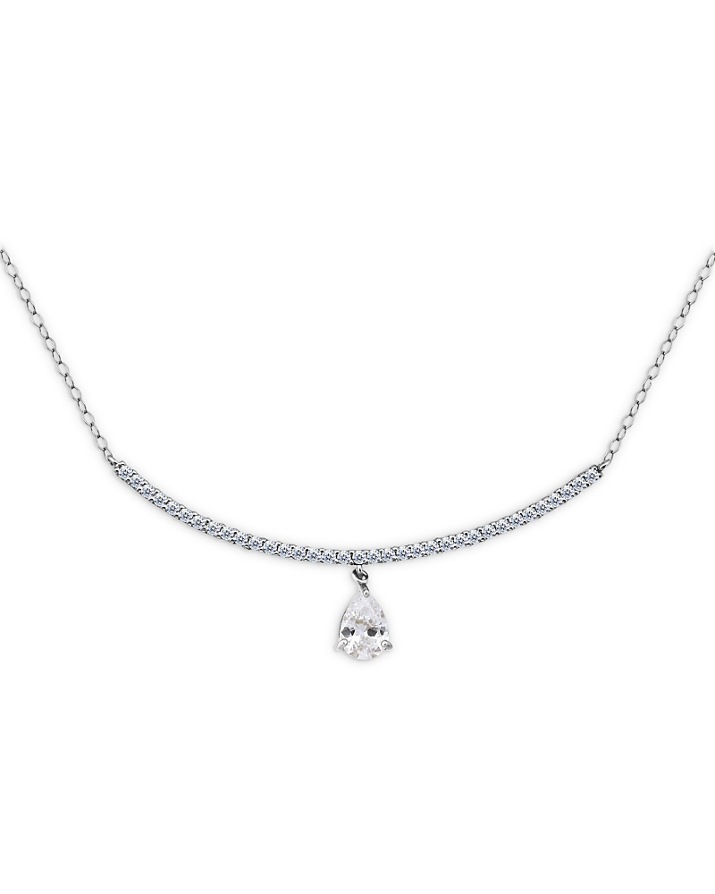 Aqua Pear Shape Cubic Zirconia & Pave Curved Bar Pendant Necklace In Sterling Silver, 16-18 - Exclusive In Silver