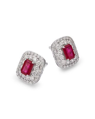 Ruby & Diamond Double Halo Statement Stud Earrings in 14K White Gold