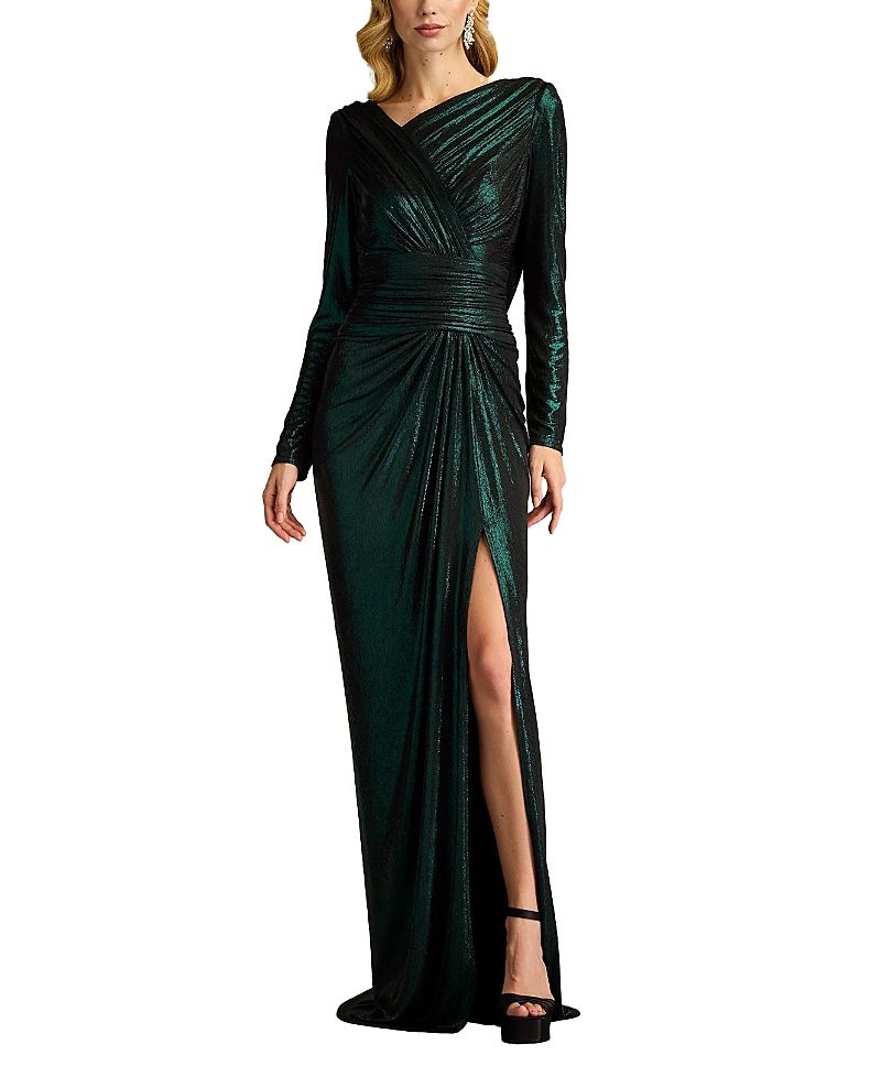 Tadashi Shoji Metallic Jersey Draped Gown In Green