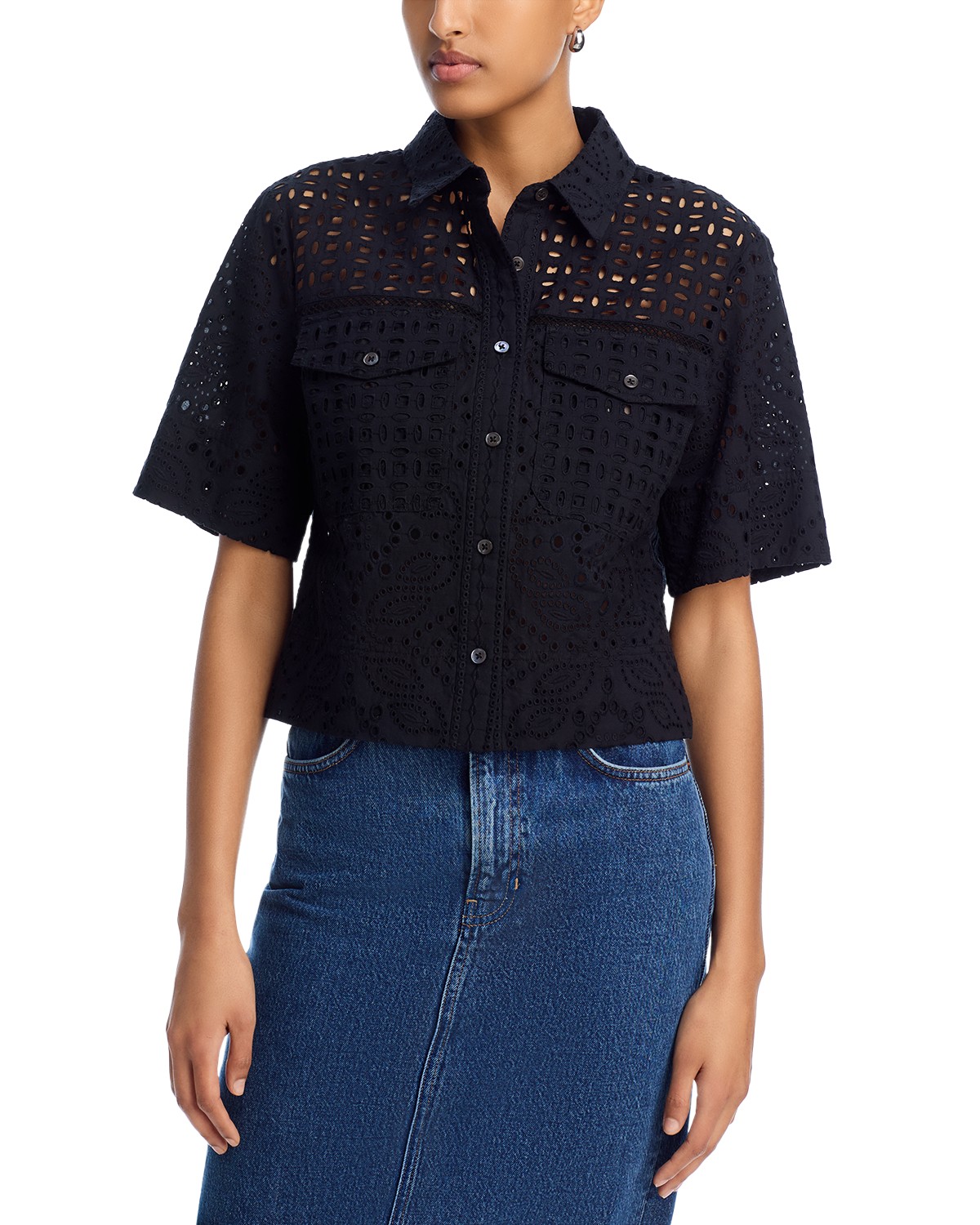 Veronica Beard Spruce Eyelet Top in Black