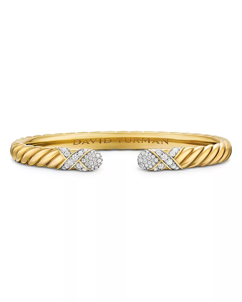 Sculpted Cable X Cuff Bracelet in 18K Yellow Gold with Diamonds, 6mmDescription