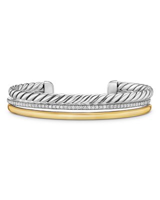 David Yurman - DY Mercer Three Row Cuff Bracelet in Sterling Silver with 18K Yellow Gold and Diamonds, 10mm