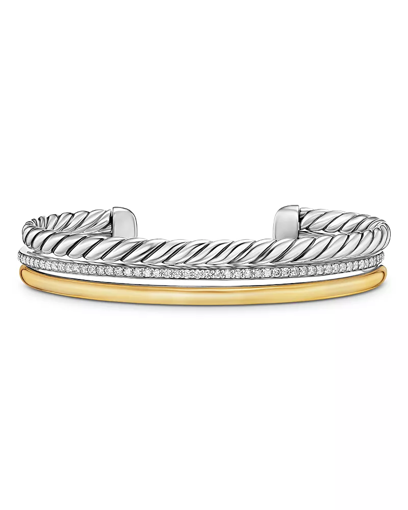 Dy Mercer Three Row Cuff Bracelet in Sterling Silver with 18K Yellow Gold and Diamonds, 10mm